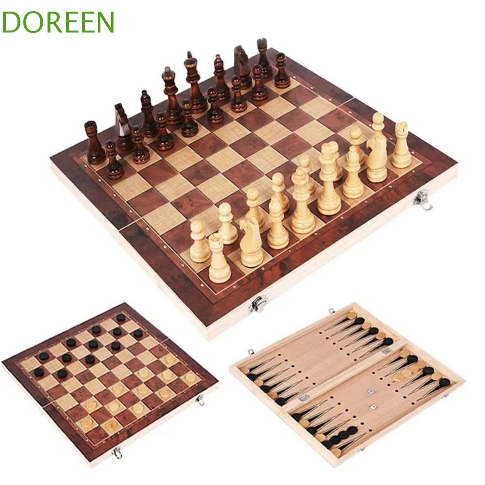 DOREEN Chess&Backgammon&Checkers Set, 3-in-1 Wooden Board Games Set, Party Table Games กระดานหมากรุก