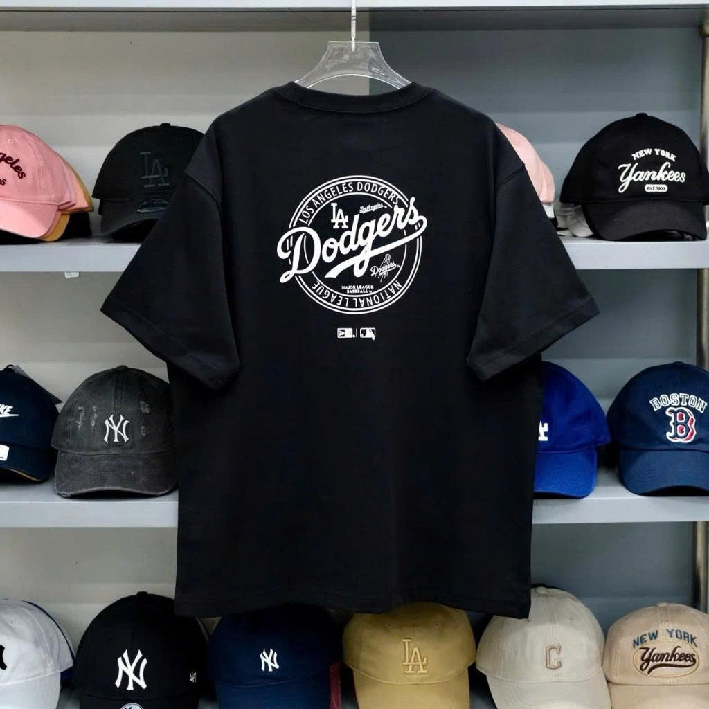 MBL Dodgers Circle โลโก้รอบคอมากมาย สินค้าสำหรับทุกวัน เสื้อแขนสั้นผู้ชายและผู้หญิงจากฝ้ายพรีเมียมคุ