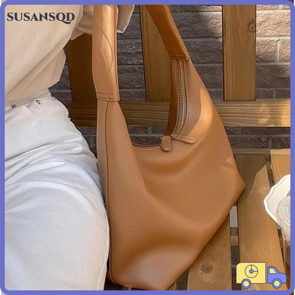กระเป๋าสะพายไหล่ SUSANSQD ซิปคู่ Slouchy Design Leather Hobo Bag, ขนาดเล็ก Minimalist Slouchy Tote กระเป๋าถือแฟชั่นผู้หญิง