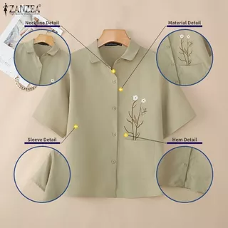 ZANZEA ผู้หญิงเกาหลี Street Stylish Turn-Down-Collar แขนสั้นปักพิมพ์ปุ่มเสื้อ