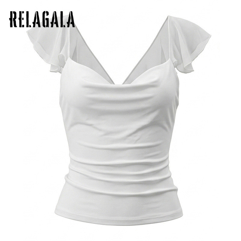 RELAGALA เสื้อยืดผู้หญิง ลายตาข่ายแขน สไตล์ลำลอง สีทึบ ใหม่ปี 2026