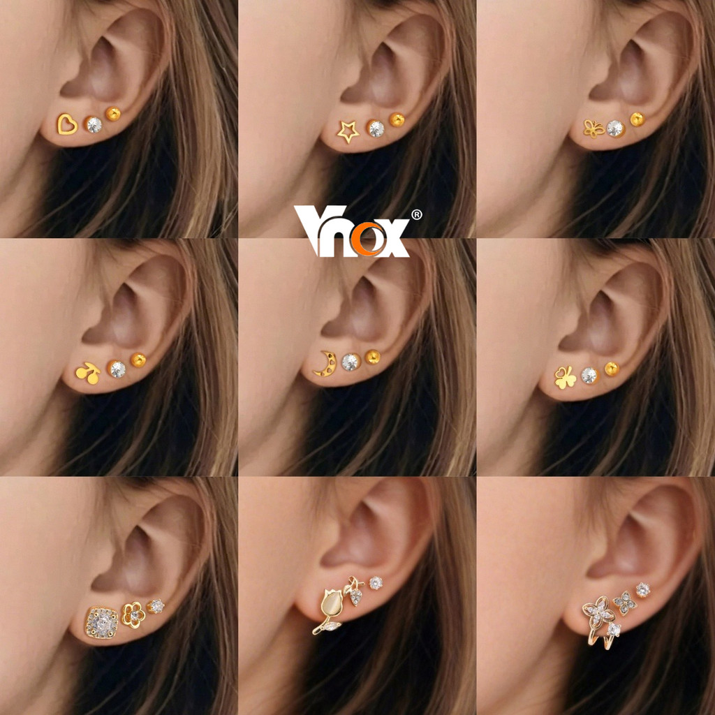 VNOX 6-in-1 ชุดVnox Gold Plated Cubic Zirconia ต่างหูสตั๊ดสําหรับผู้ชายและผู้หญิง,3 คู่ Hypoallergenic & Non-Tarnish Par