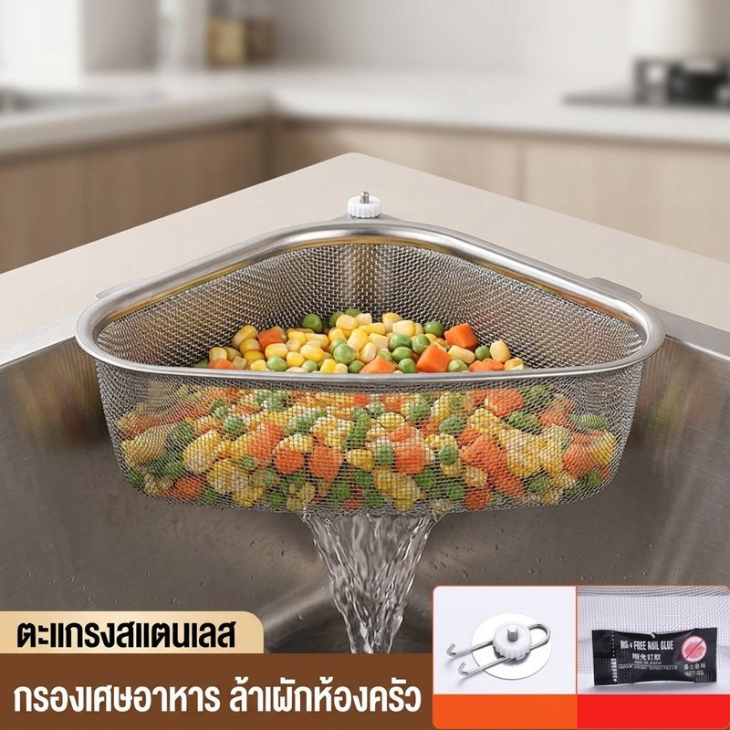 สแตนเลสอาหารกรองสามเหลี่ยมอ่างล้างจานตะกร้าผักท่อระบายน้ําตะกร้าห้องครัวOrganizer