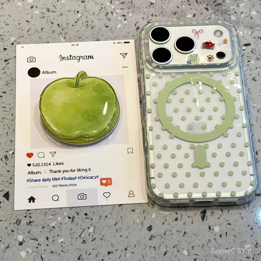 เคสโทรศัพท์ iPhone 7 8 X XS XR XSMAX 11 12 13 14 15 16 17 Pro max Plus Air Green Polka Dot Apple ขาตั้งแม่เหล็กกันกระแทกและป้องกันการล่มสลายเคสคลุมทั้งหมด V