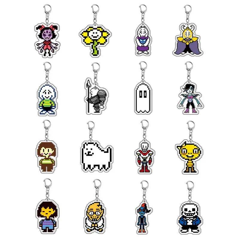 อะนิเมะ Undertale อะคริลิคพวงกุญแจสนุก Pixel Sans Flowey Papyrus Asriel รูปการ์ตูน Keyrings กระเป๋าเ