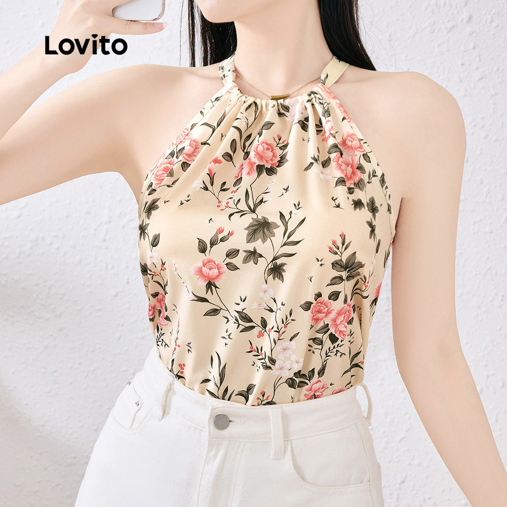 Lovito เสื้อสไตล์รีสอร์ทฤดูใบไม้ผลิ/ฤดูร้อนสำหรับผู้หญิงที่มีเชือกผูกด้านหลังแบบโบโฮ L137ED657