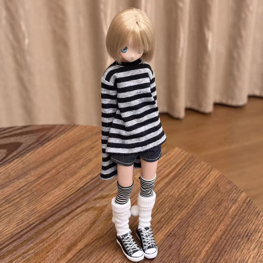 Azone/ob22/blythe/Little Six Baby Clothes Black Striped Top Denim Shorts Set (ไม่รวมตุ๊กตา)