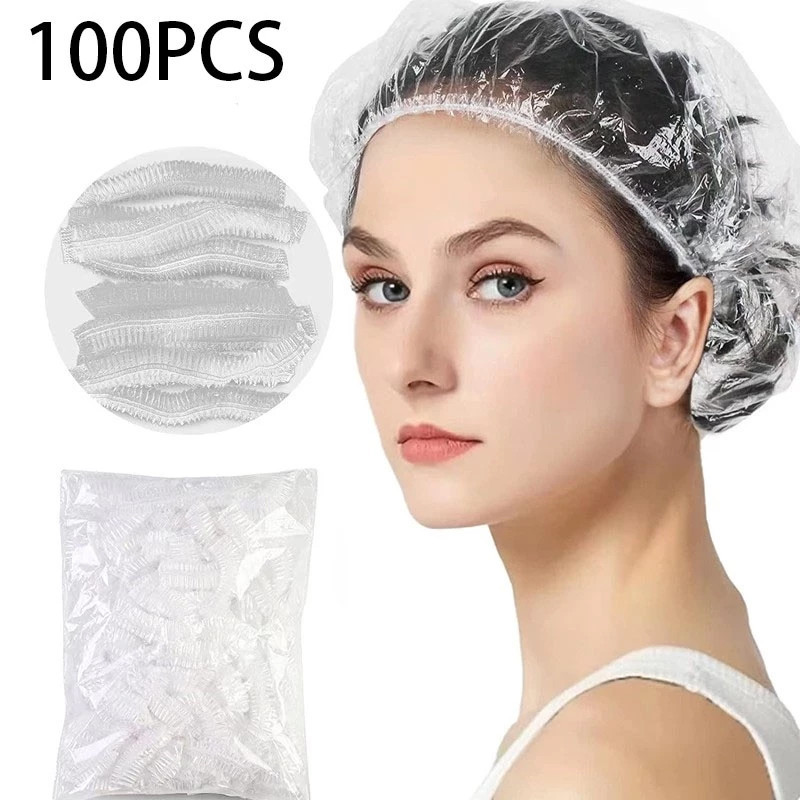 พร้อมส่ง 100ชิ้น/ถุง หมวกคลุมผม หมวกคลุมอาบน้ำ พลาสติกคลุมผม หมวกตัวหนอน ที่คลุมผม ใช้แล้วทิ้ง สินค้าในไทย