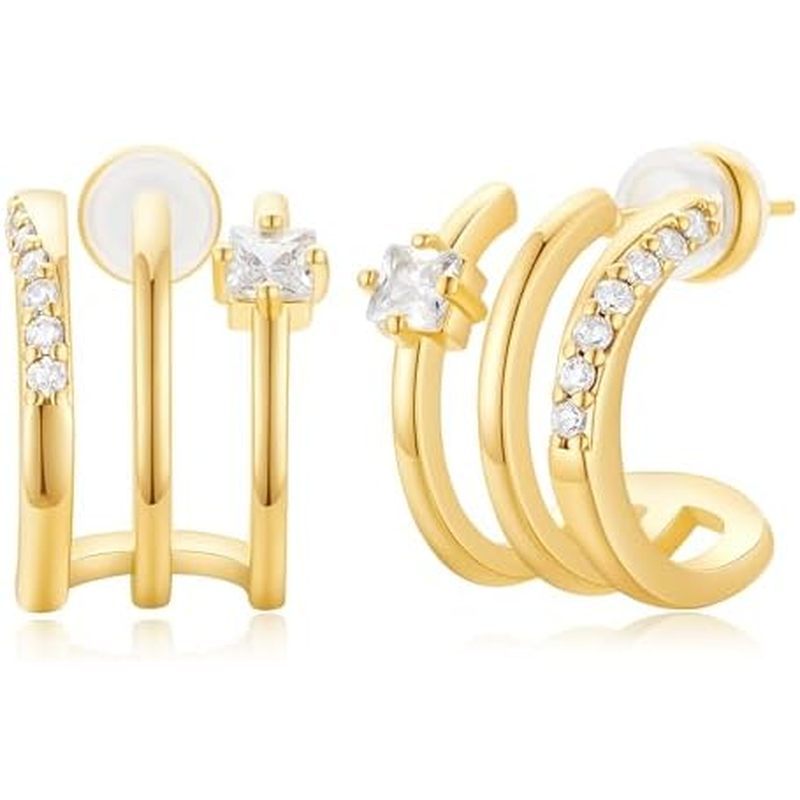 Hoop Earrings for Women 14K Gold Plated Triple Huggie Hoop Earrings Hypoallergenic Lightweight Weddi