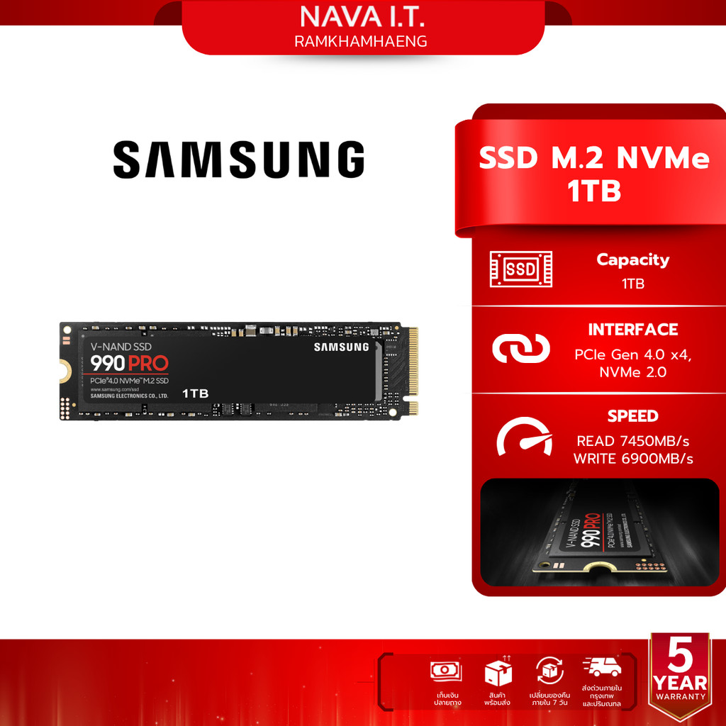 SAMSUNG SSD (เอสเอสดี) 990 PRO 1TB PCIe Gen 4.0 x4, NVMe 2.0 (MZ-V9P1T0BW) WARRANTY 5 YEARS