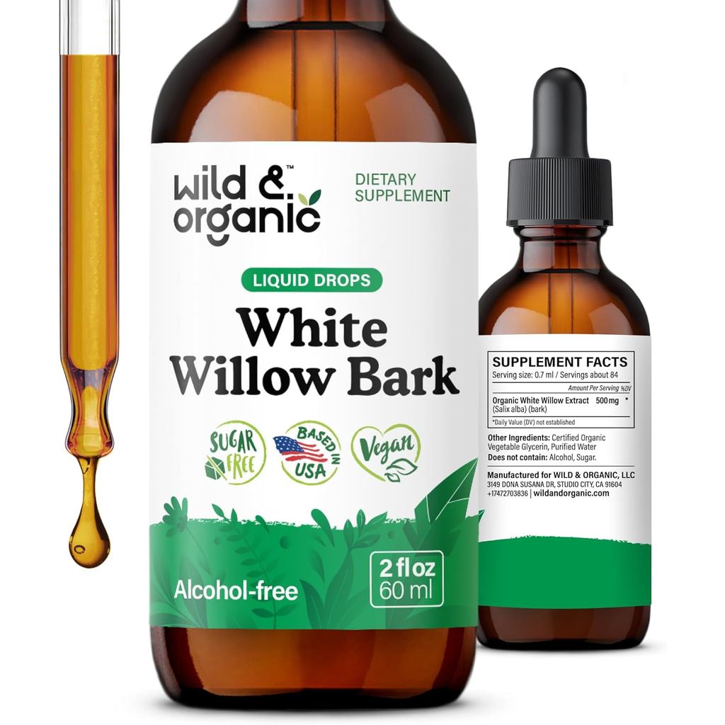 Wild & Organic White Willow Bark Extract Liquid Drops - โดยรวม Well-Being plement - 500 mg White Wil
