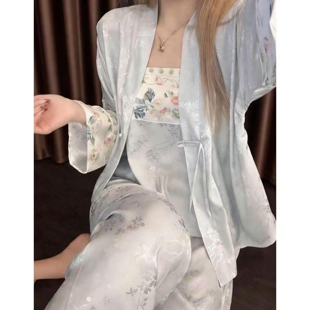 ใหม่จีน Jacquard ผ้าไหมน้ําแข็งชุดนอนสตรี High-End สบาย Loungewear สามชิ้นฤดูร้อน