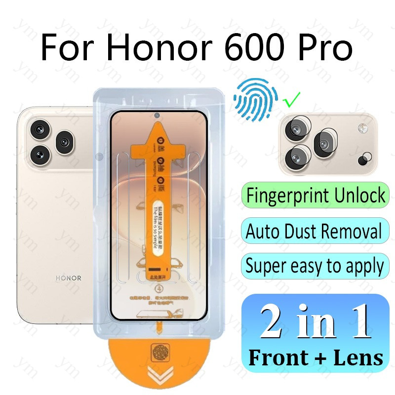2 In 1 ฟิล์ม ฟิล์มกระจก Honor 600 Pro ลายนิ้วมือปลดล็อค HD One-คลิกกระจกนิรภัยป้องกันหน้าจอฝุ่นฟรีป้
