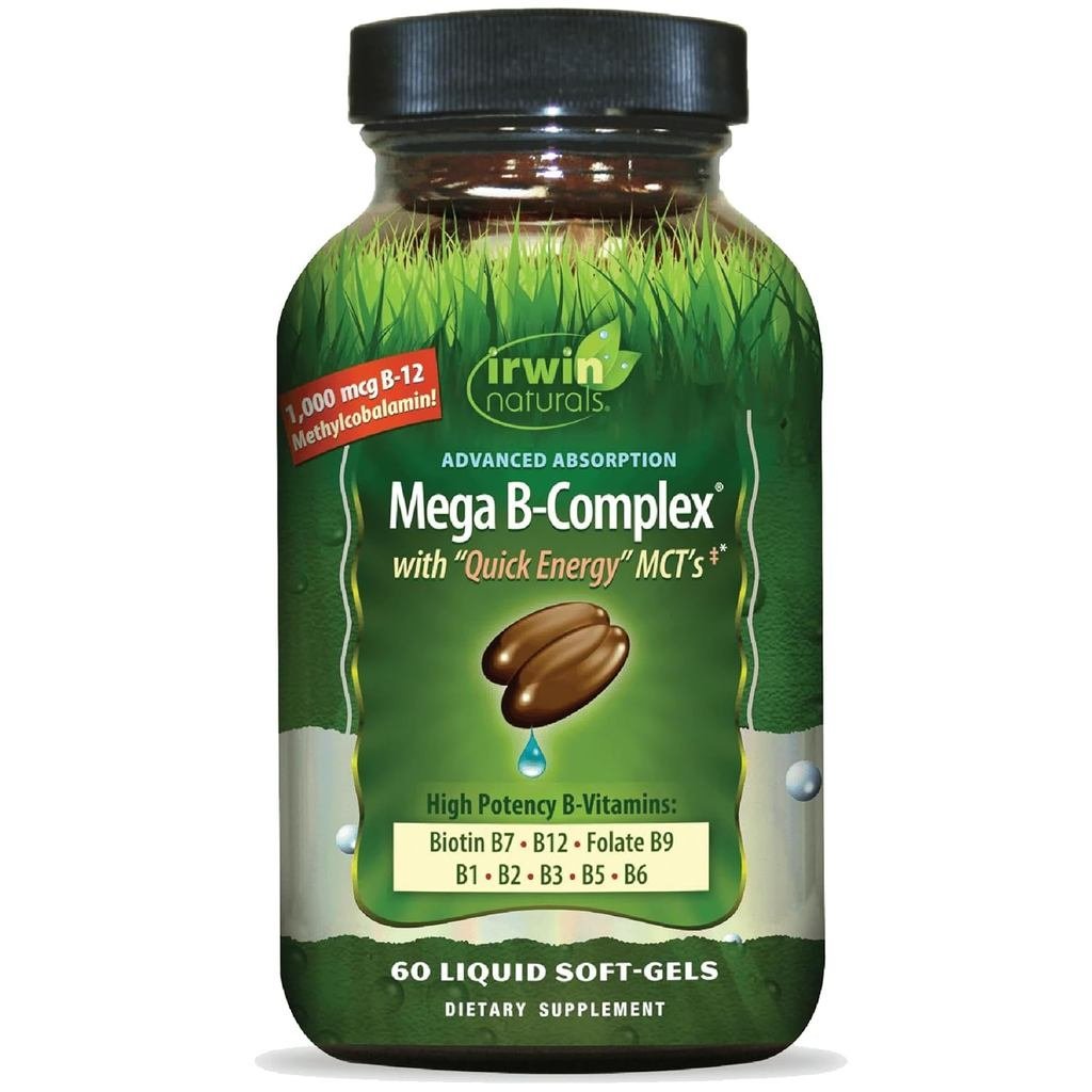 Irwin Naturals Mega B-Complex - 60 ซอฟท์เจลเหลว - วิตามินบีคอมเพล็กซ์พร้อมวิตามินบี 12, โฟเลต B9, ไบ