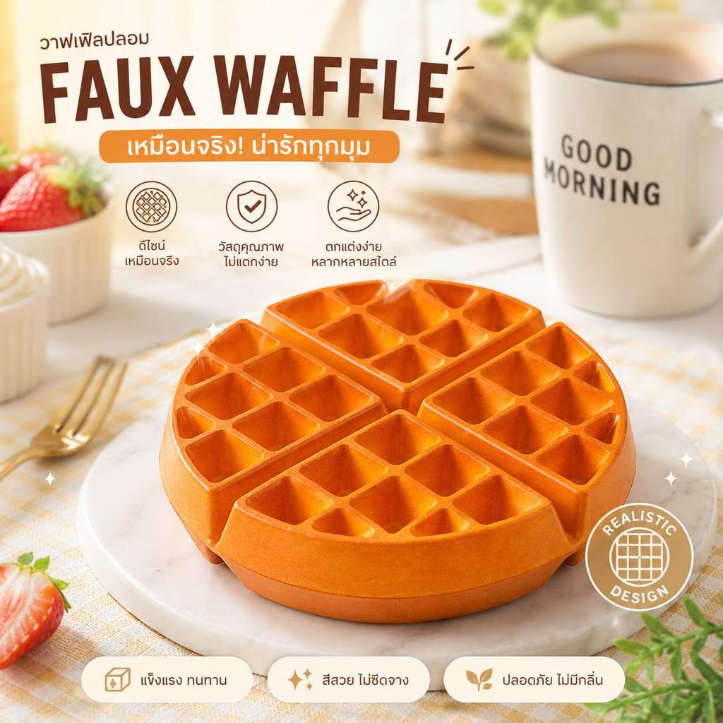 🧇☕ วาฟเฟิลปลอม PU ขนาดเท่าของจริง พร็อพถ่ายรูปเหมือนจริง คาเฟ่ เบเกอรี่ แต่งร้าน ถ่ายสินค้า วางแล้วภาพดูน่ากินขึ้นทันที!