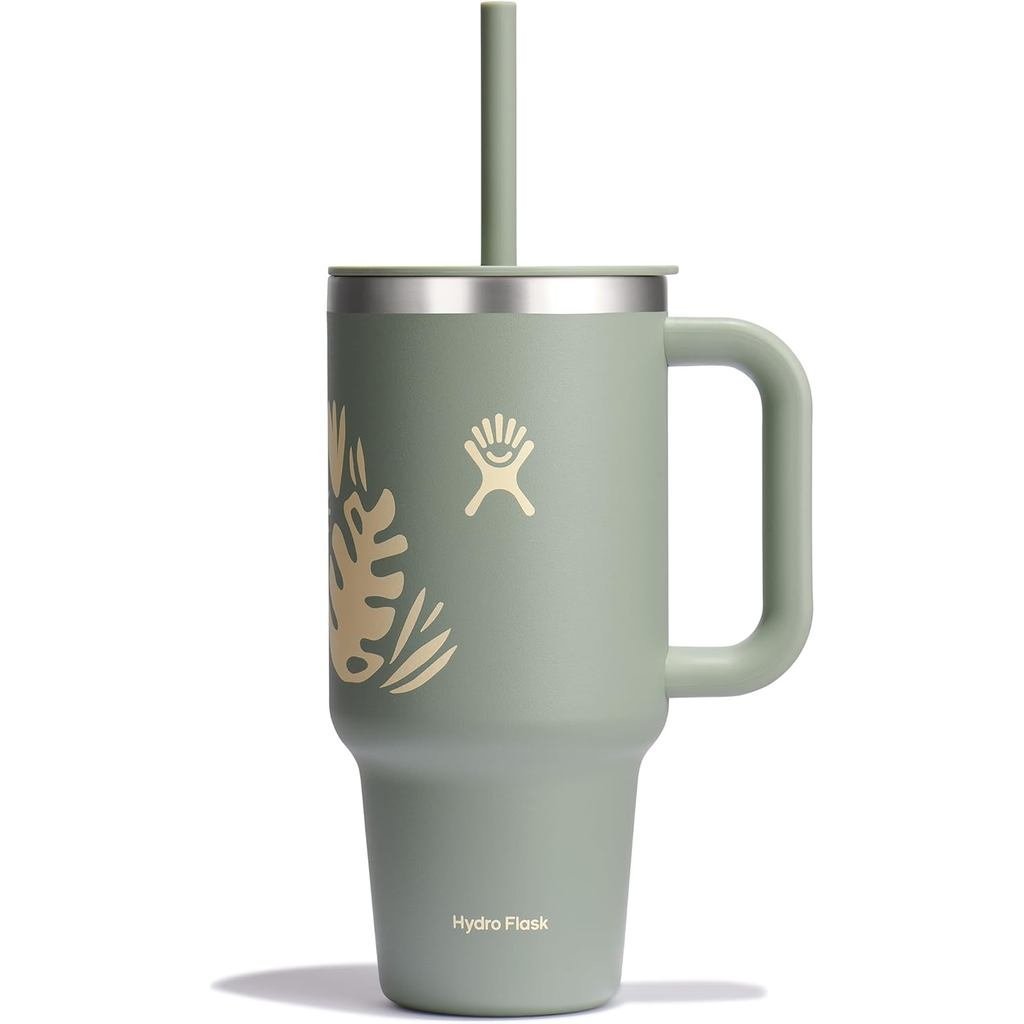 ถ้วยเดินทาง Hydro Flask พร้อมที่จับ ฝาปิด และสแตนเลสหุ้มฉนวนฟาง 32oz Plant Hydro Green