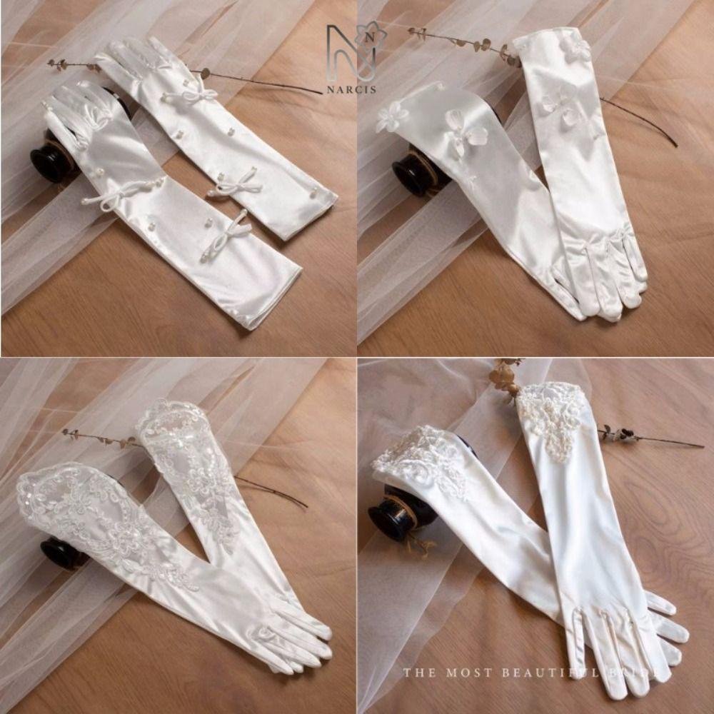 ถุงมือเจ้าสาว Narcis สไตล์เอลิแกนท์ ทำจากซาตินและลูกไม้ ความยาวข้อศอก สำหรับงานแต่งงานและงานปาร์ตี้คริสต์มาส