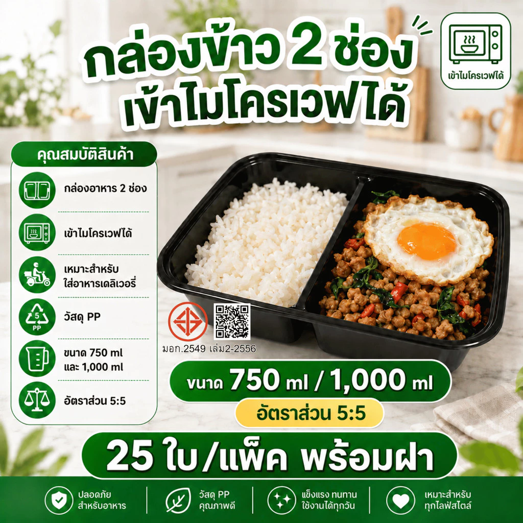 (ยกแพ็ค 25 ใบ) กล่องข้าวพร้อมฝา (2 ช่อง) วัสดุ Food Grade (PP) –ปลอดภัยสำหรับอาหาร