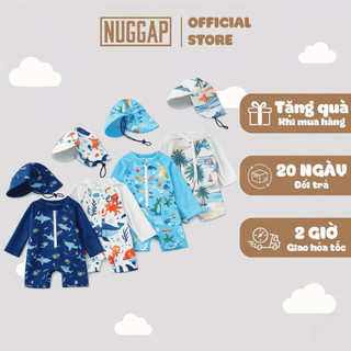 Đồ Bơi Bé Trai Áo Bơi Liền Thân Tay Dài Chống Nắng Kèm Mũ Họa Tiết Đại Dương Cá Mập Khủng Long Ocean Nuggap