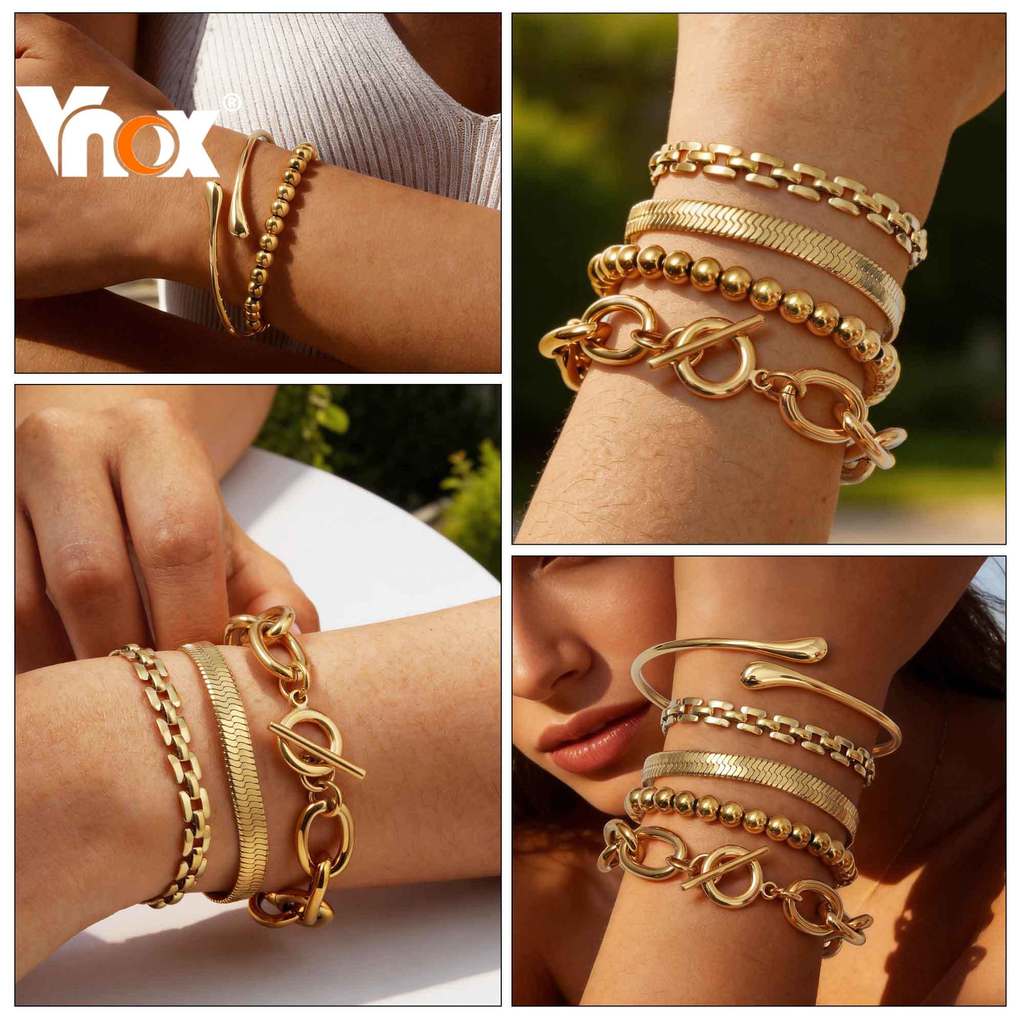 Vnox Non-Fading 18K Gold สร้อยข้อมือสแตนเลสสตีลสําหรับผู้หญิง,กันน้ํา,ปราศจากนิกเกิลและสวมใส่ทุกวันเครื่องประดับแฟชั่น