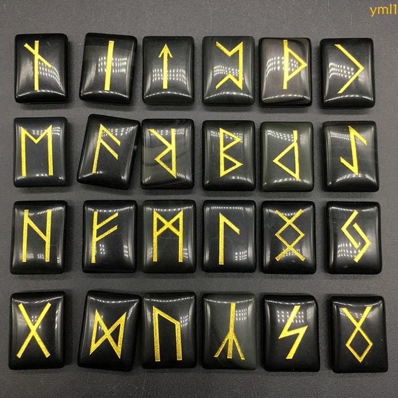 Yml1 คริสตัลธรรมชาติ Rune Stones ชุด Black Obsidian Tumble Stones Viking Runes