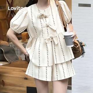 Lovito เสื้อเบลาส์ลําลองผู้หญิง ผูกด้านหน้า ชายระบาย ลายพิมพ์ สําหรับฤดูใบไม้ผลิ/ฤดูร้อน L190ED141