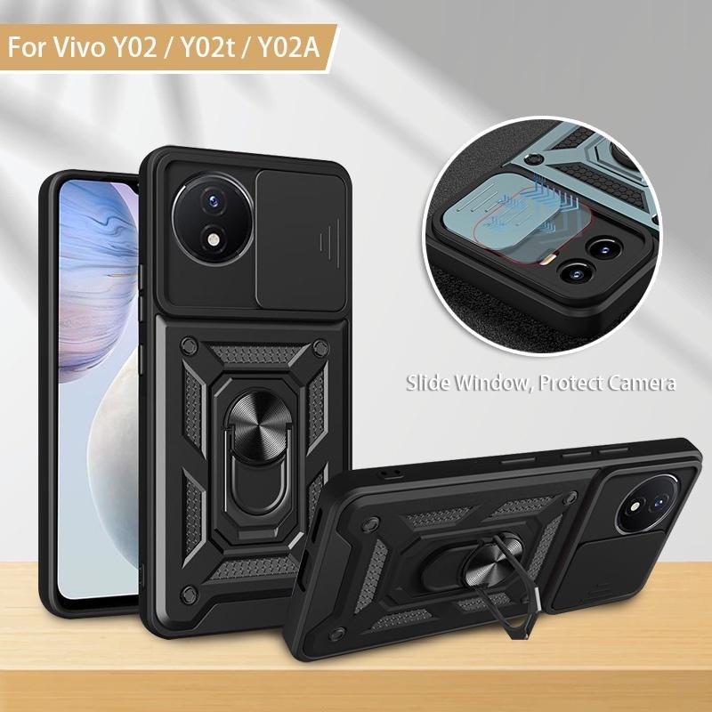 เหมาะสําหรับ Vivo Y02T 2023 เคสแข็ง VIVO Y02 Y02s Y02A เคสโทรศัพท์ Push ดึงเลนส์สไลด์เกราะแข็งขาตั้ง