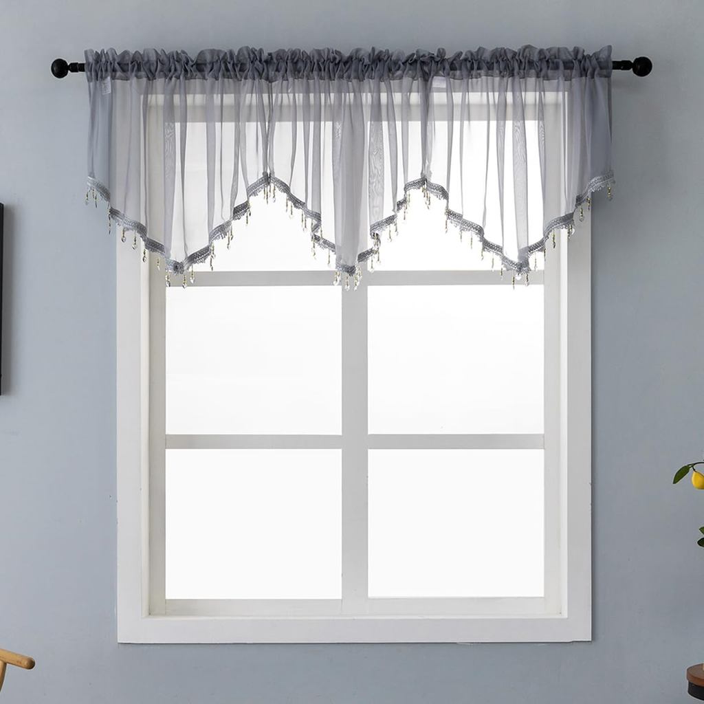 ลูกปัด Sheer Valance ผ้าม่านสําหรับห้องนั่งเล่น, Rod Pocket Farmhouse Window Valance, ลูกปัดพู่ Voil