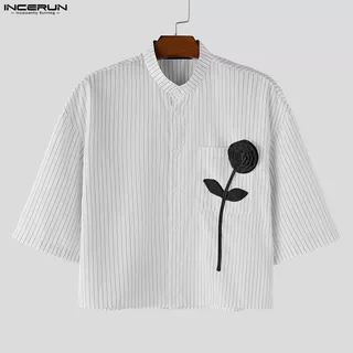 INCERUN เสื้อผู้ชายสไตล์เกาหลี คอตั้งแขนครึ่งลายทาง ออกแบบด้วยการเชื่อมต่อแบบ 3D ดอกไม้