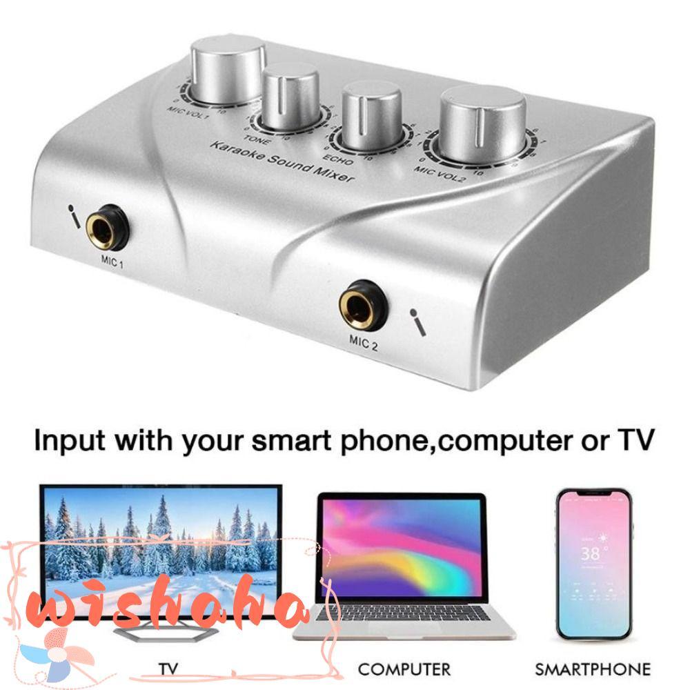 WISHAHA Dual Mic Inputs Amplifier, Silver Karaoke Pre Effects Audio Mixer Amplifier, Portable Multif