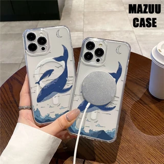 เคสไอโฟน TPU ใส แม่เหล็ก มีลายวาฬสีน้ำเงินสไตล์มินิมอล สำหรับ iPhone 17 16 15 14 13 12 11 Pro Max Plus