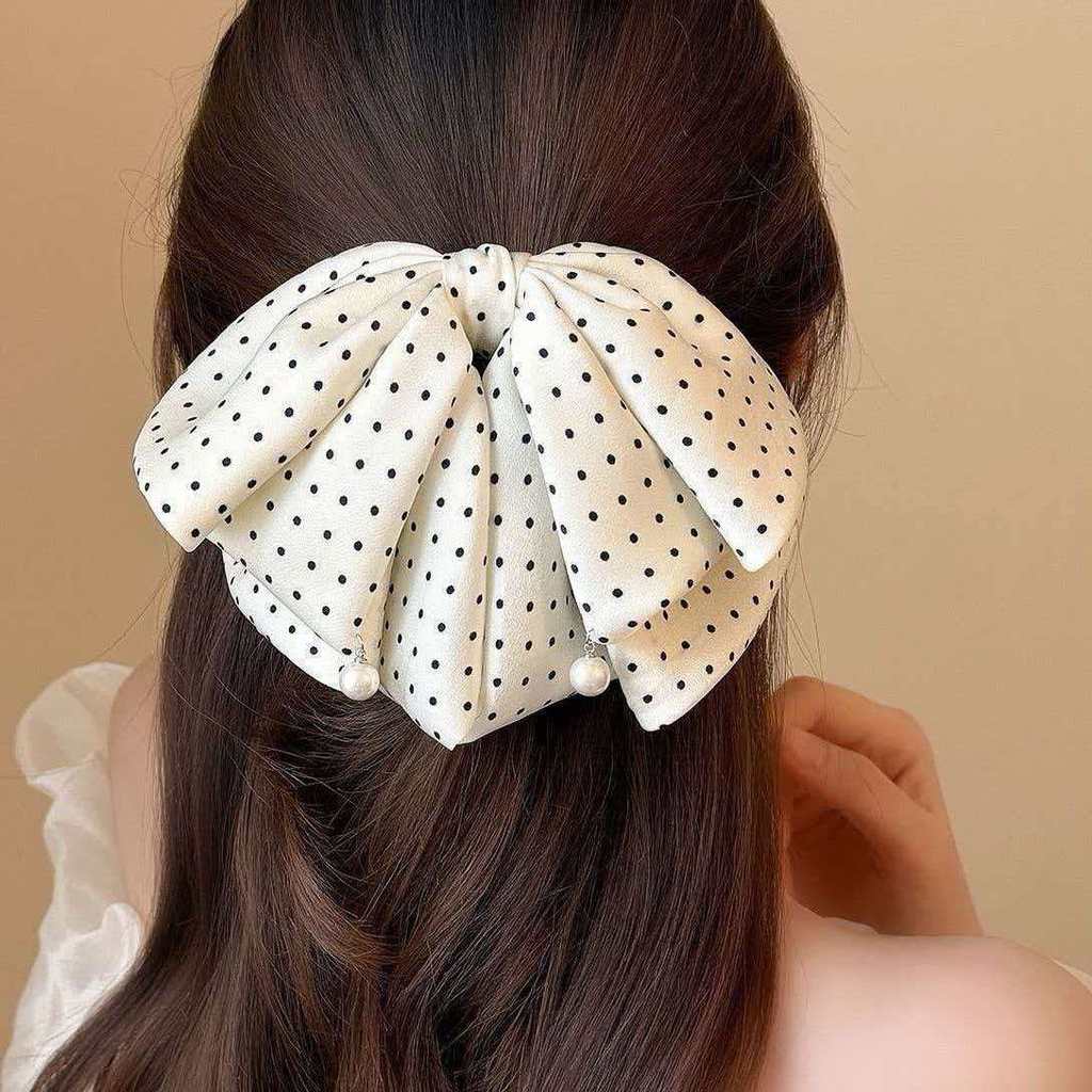 Polka Dot Bow Streamer กิ๊บติดผมHairpin ตาข่ายคว้าคลิป ยอดนิยมสำหรับทรงผมหางม้า