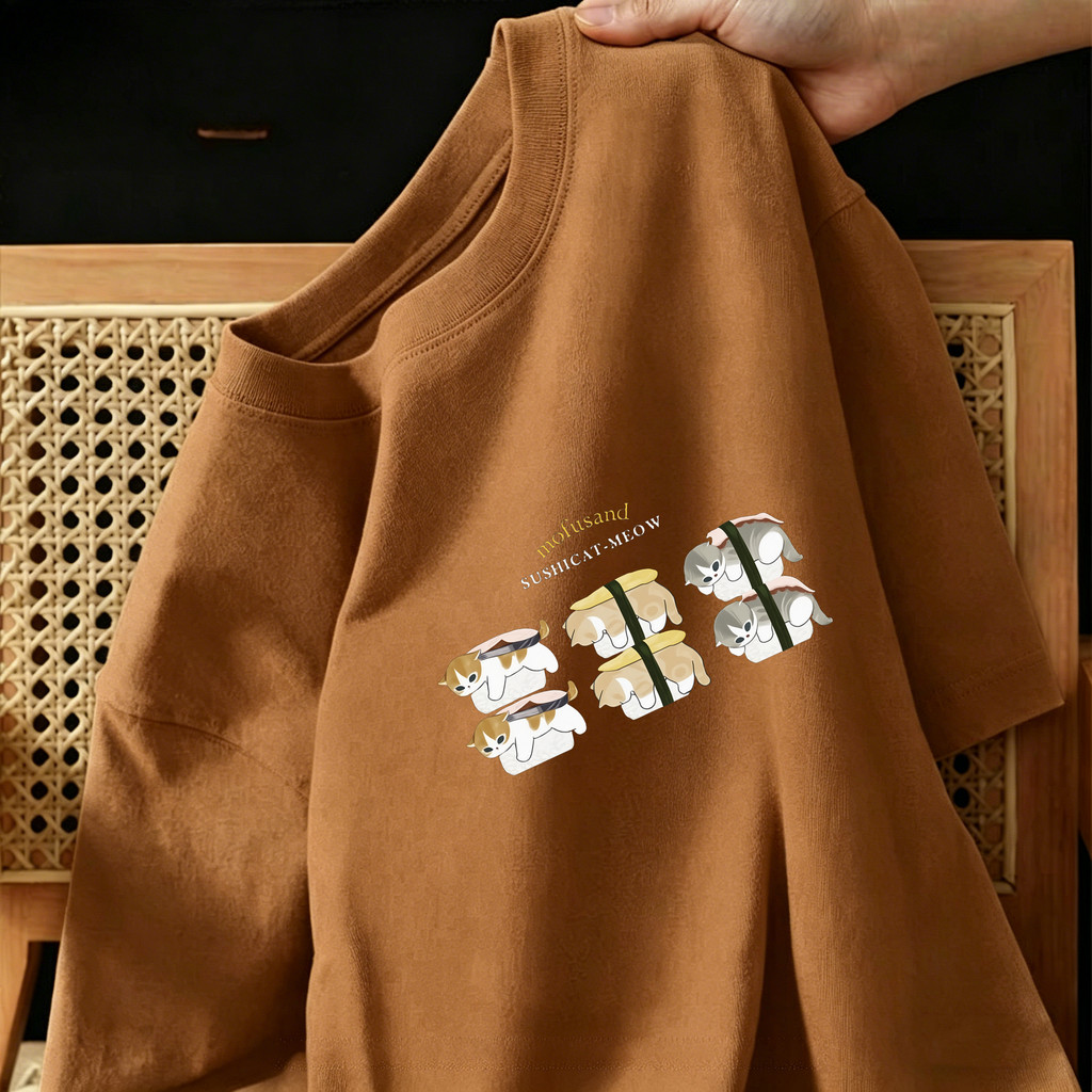 เสื้อยืด Cotton 100%sSI Baju แขนสั้น - Motif Anjing Makan Sushi, สีทับทิม, ชมพู, แอปริคอท, สีน้ําตาล