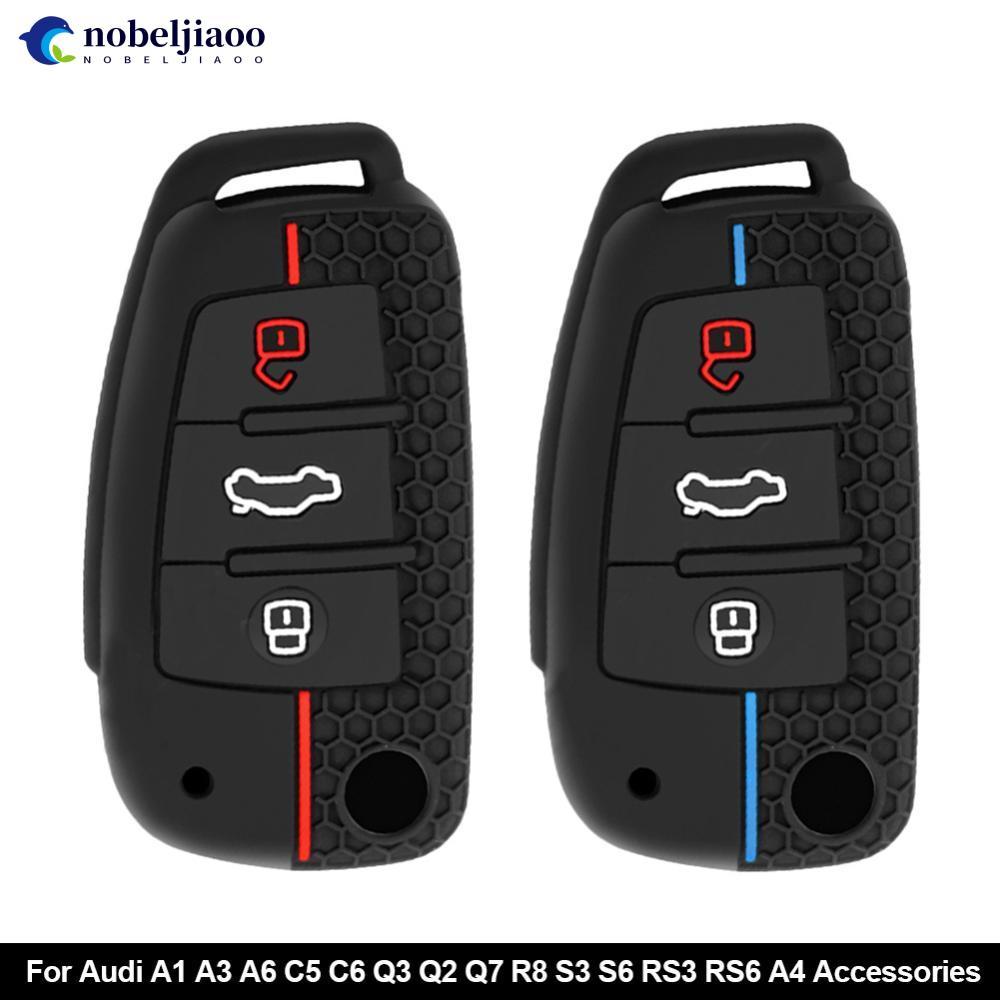 NOBELJIAOO ซิลิโคนกุญแจรถ 3 ปุ่มคีย์กรณีพวงกุญแจป้องกัน Fob สําหรับ Audi A1 A3 A6 C5 C6 Q3 Q2 Q7 R8 