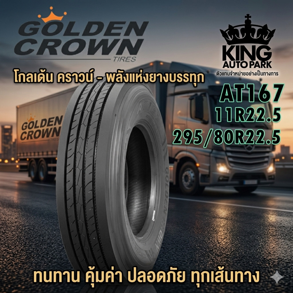 ยางรถบรรทุก เรเดียล ขนาด 11R22.5 ,295/80R22.5 รุ่น AT167 (ลายเรียบ) ยี่ห้อ GOLDEN CROWN