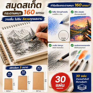 KIKI สมุดสเก็ต A3 A4 A5 กระดาษหนา 160 แกรม 30แผ่น ปกแข็ง วาดลื่น ไม่ซึม ใช้ได้ 2 ด้าน สมุดวาดภาพ Sketchbook