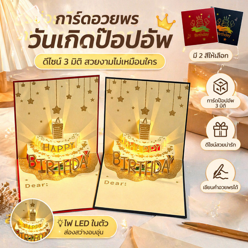 การ์ดวันเกิดป๊อปอัพสามมิติ มีไฟและเสียงเพลง รูปเค้กกล่องของขวัญ ซองสร้างสรรค์ พิมพ์สีทอง ข้อความอวยพร