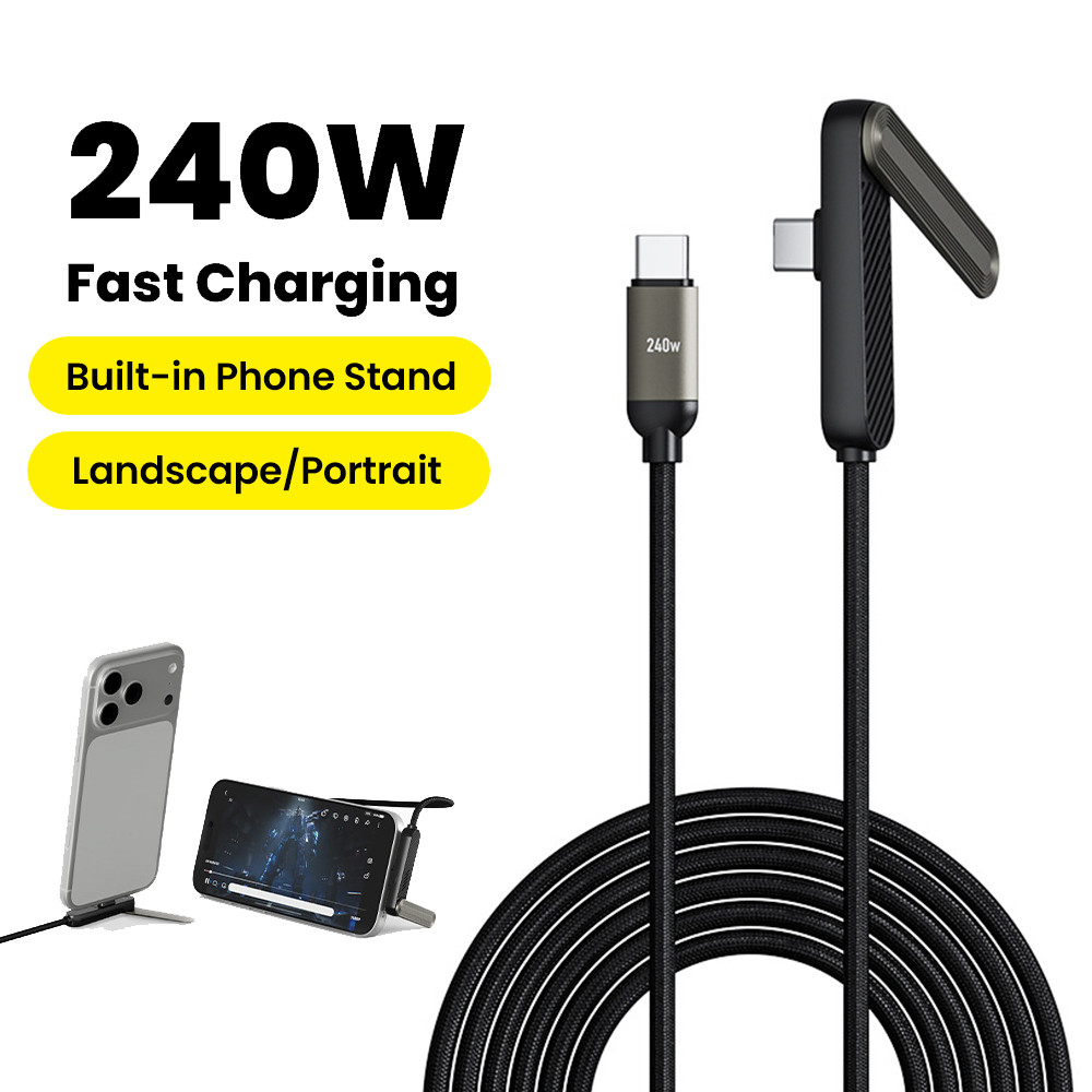 Elough 240W ด้านเดียวข้อศอกวงเล็บสายเคเบิลข้อมูลประเภท C ถึง Type C สายชาร์จเร็วพร้อมขาตั้งโทรศัพท์แบบพับได้