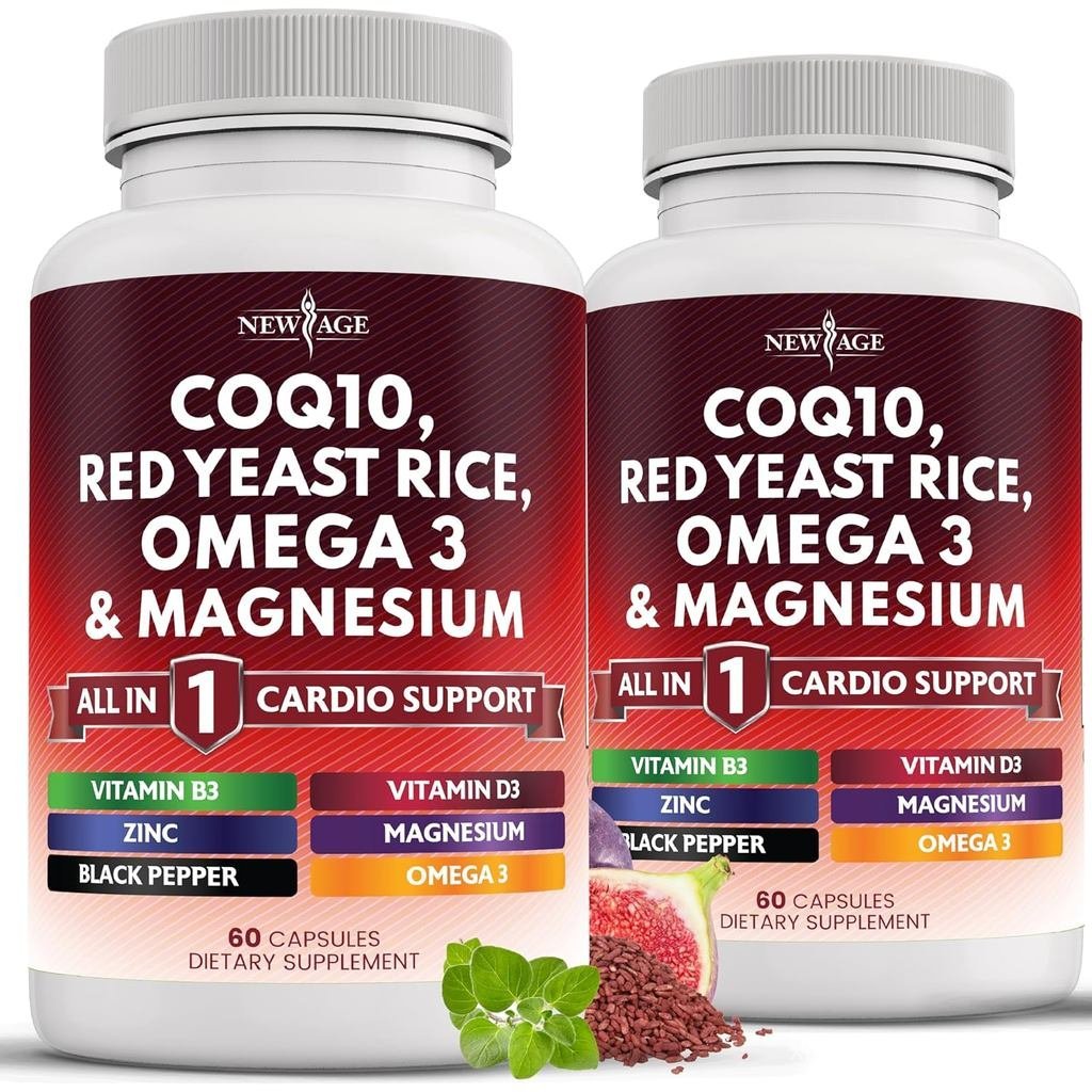 NEW AGE COQ10 200mg ข้าวยีสต์สีแดง 3000mg Omega 369 3000mg Magnesium Complex 500mg สังกะสี K2 D3 s ส