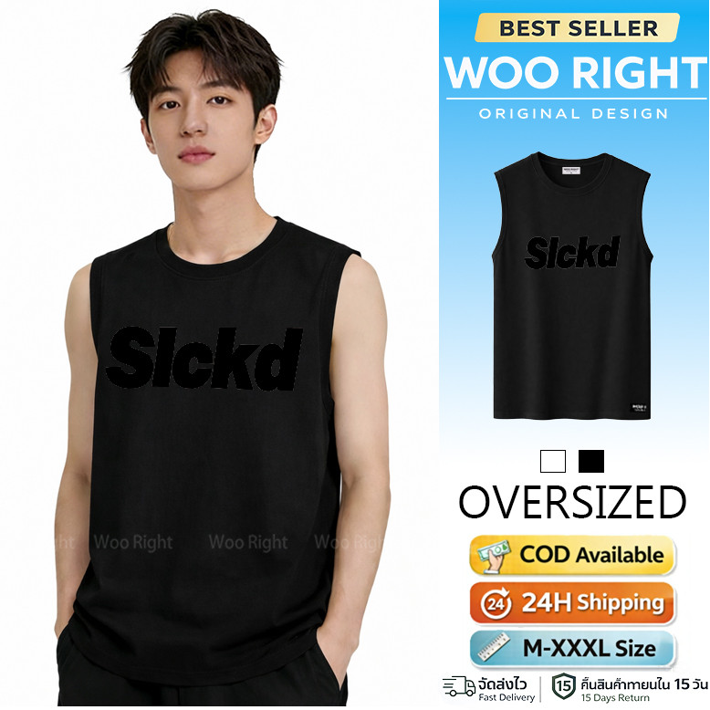 เสื้อแขนกุด เสื้อกล้ามผู้ชาย ผ้าคอตตอน100% โอเวอร์ไซส์ ใส่สบาย ระบายอากาศดี ลายตัวอักษร เทรนด์ฮิต COD Woo Right