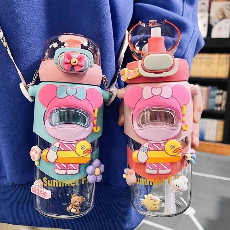 Children's Cups Cartoon Student Kettle Lanyard Cup with Straw Drop-Resistant Girls Bounce Straight D