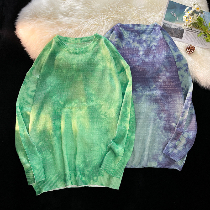 American Street Wear High Street Tie-Dye เสื้อกันหนาวคอกลมฤดูหนาว ins High Street หนาถักเหงื่อ