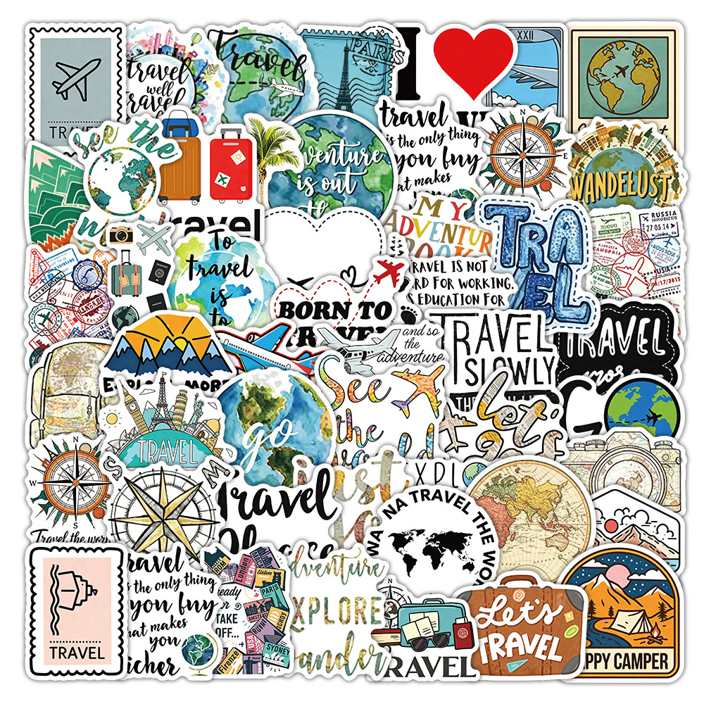 50 ชิ้น Global Travel Themed สติกเกอร์แผนที่โลกภูมิทัศน์กันน้ํา Decals สําหรับกระเป๋าเดินทางตกแต่ง