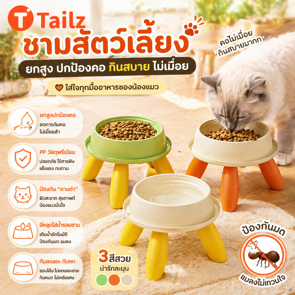 Tailz ชามอาหารสแตนเลสขาสูง กันลื่น ป้องกันคว่ำรั่ว กันมด สำหรับแมวหมา ทำความสะอาดง่าย