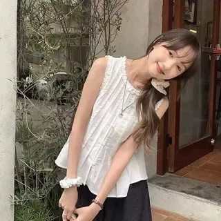 mimi&didi[สินค้าพร้อมส่ง]เสื้อกั๊กผ้าลินินแขนกุดระบายหวานๆ ฤดูร้อน น่ารัก สำหรับผู้หญิง สวย ใส่สบาย ดีไซน์เรียบง่าย#W723
