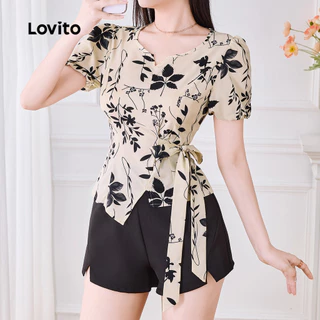 Lovito สง่างาม เสื้อเชิ้ตลายลูกไม้ สำหรับฤดูใบไม้ผลิ/ฤดูร้อน สีแอปริคอท สำหรับผู้หญิง เกาหลี อินเทรนด์ L138AD1402