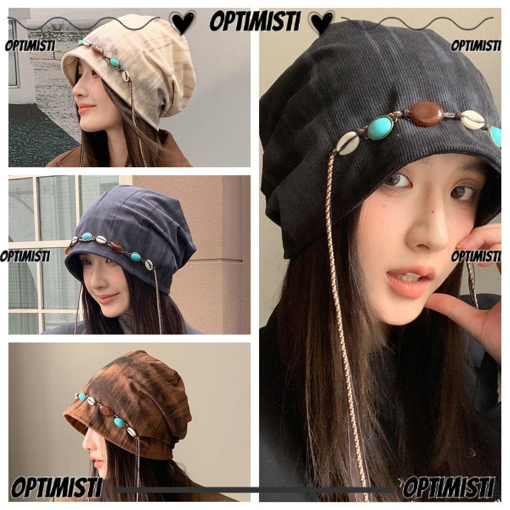 ออปติมิสติ8จหมวกถุง,สไตล์ชาติพันธุ์สไตล์โบฮีเมียนซ้อนหมวก,อเนกประสงค์เส้นรอบวงหัวใหญ่ประดับด้วยลูกปัดให้อบอุ่นเสื้อสวมหัวหมวกสําหรับฤดูใบไม้ร่วงแล