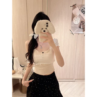 Vogue🌟พร้อมส่ง🌟 เสื้อสายเดี่ยวลายจุด+ปาดไหล่ ได้2ชิ้น แต่งกระดุมขนาดพอดีตัว (FY5052)