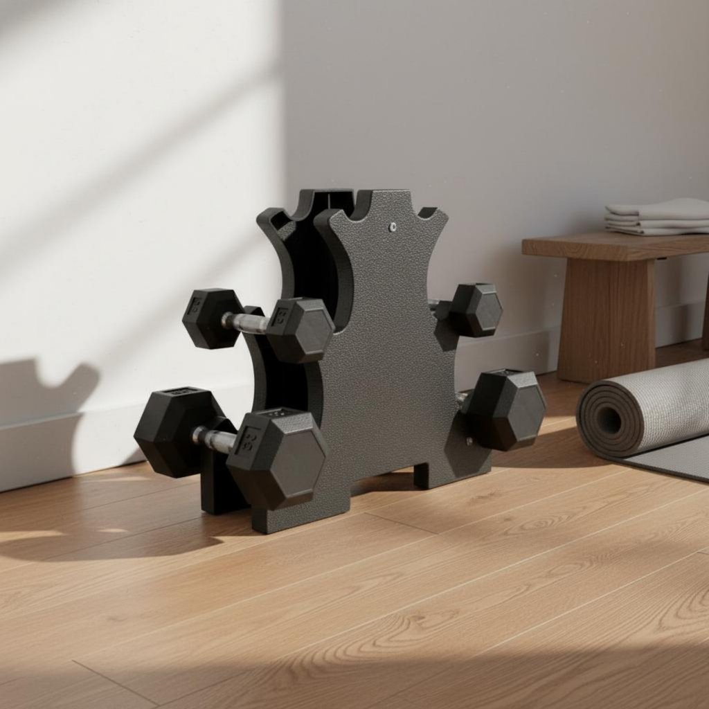 ความจุขนาดใหญ่ Hex Dumbbell Storage Stand ประหยัดพื้นที่ 3 ชั้น Dumbbell Rack Anti-Slip ยางฟุตสําหรั