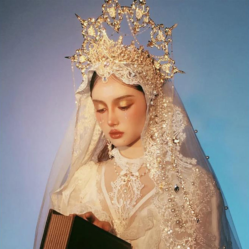 มงกุฎจีน มงกุฎ Lolita Crown เจ้าสาว Lolita Virgin Halo Angel ที่คาดผม Barote Headwear เครื่องประดับผมโกธิค